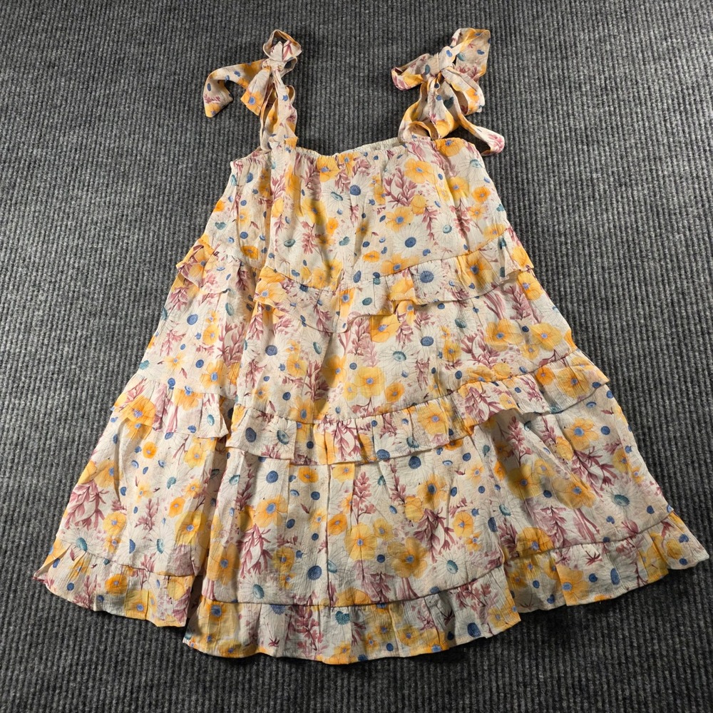 Hyfve Floral Tiered Mini Dress Yellow Blue Tie Shoulder Smocked Sun Dress Small